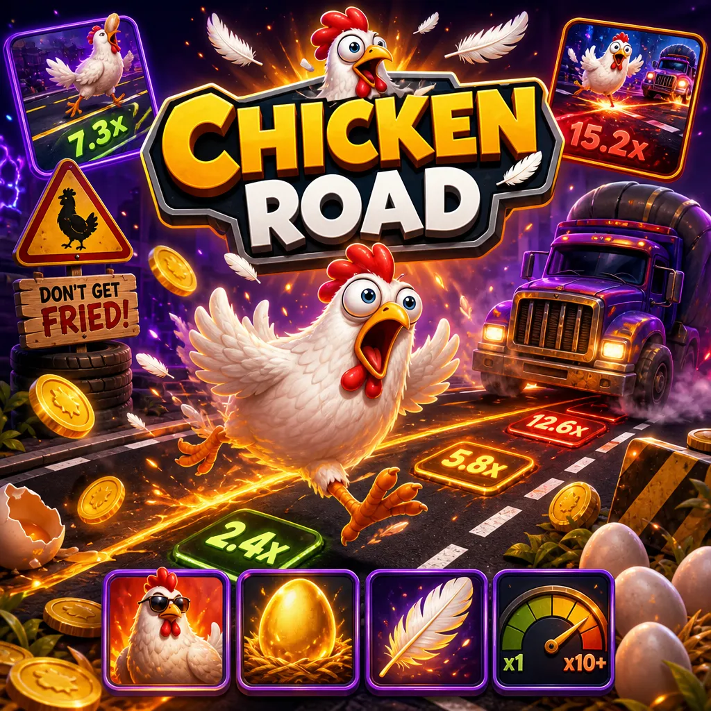 High-energy promo image for Chicken Road slot game featuring a funny chicken, road lanes, and playful visuals.